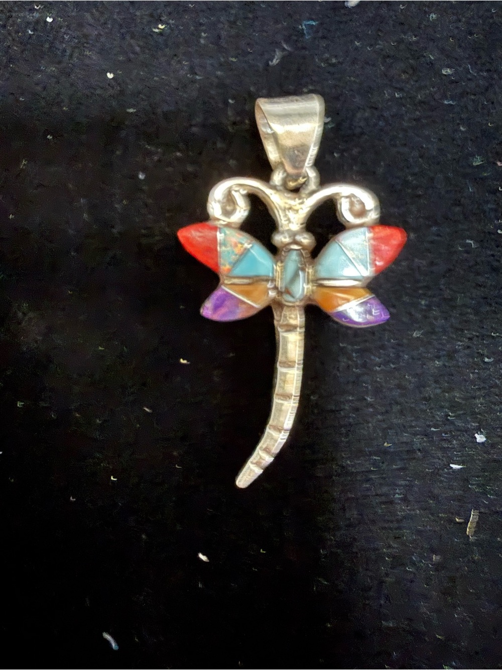 Colorful Dragonfly Inlay Pendant Necklace - Sterling Silver